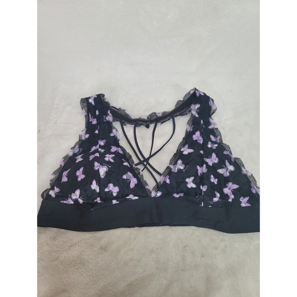 Victorias Secret PINK Butterfly Lace Bralette Black Purple Strappy Cage Back L